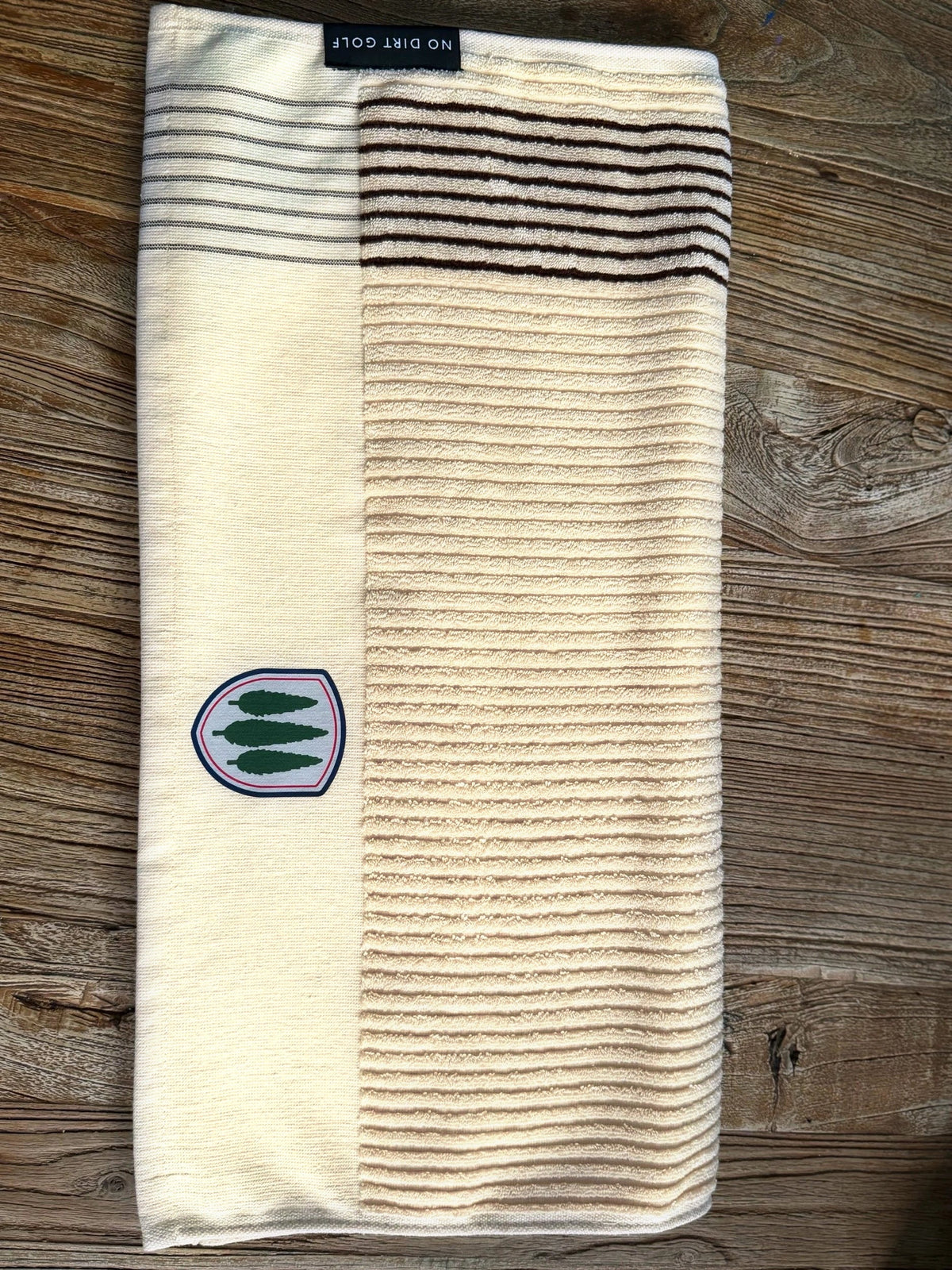 Club Crest Caddy Towel, Cream/Chocolate Stripe, crest detail