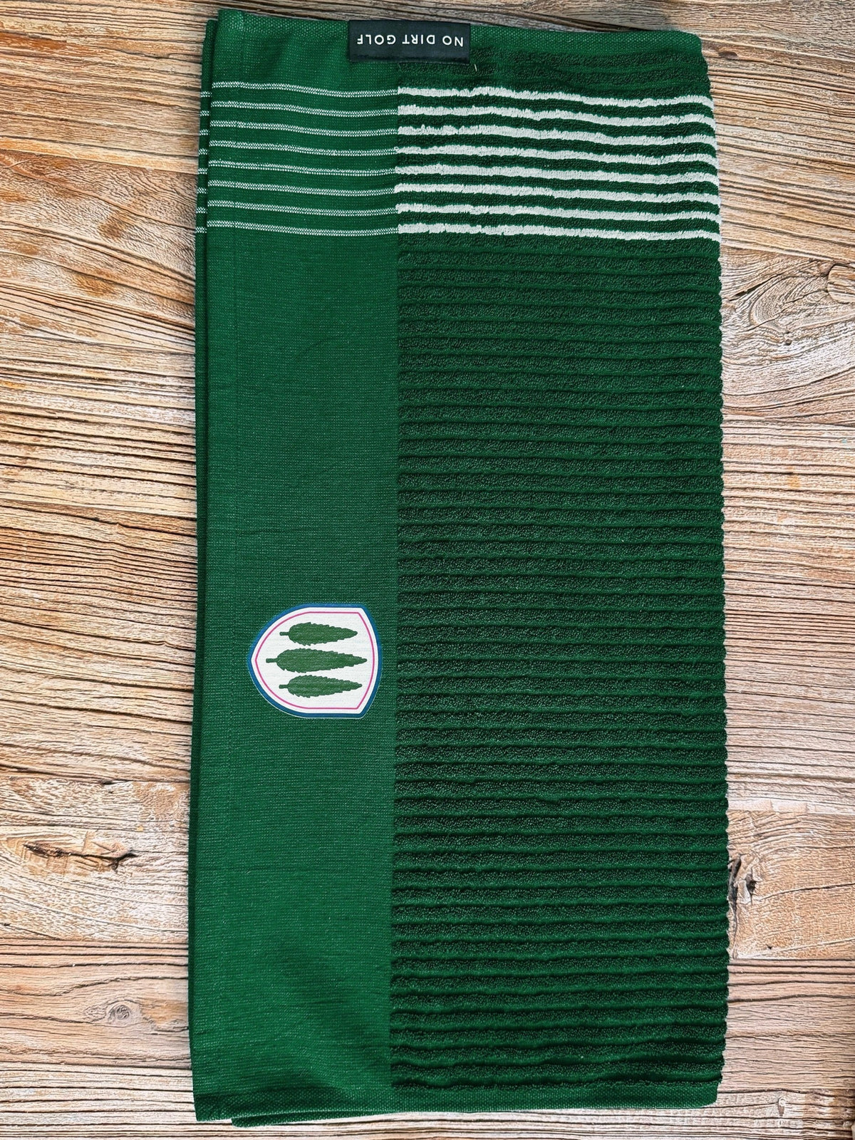 Club Crest Caddy Towel, Green/White Stripe, crest detail